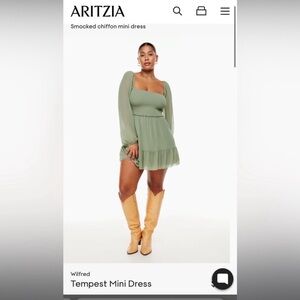 Wilfred Aritzia Tempest Smocked Chiffon Mini Dress in Sage